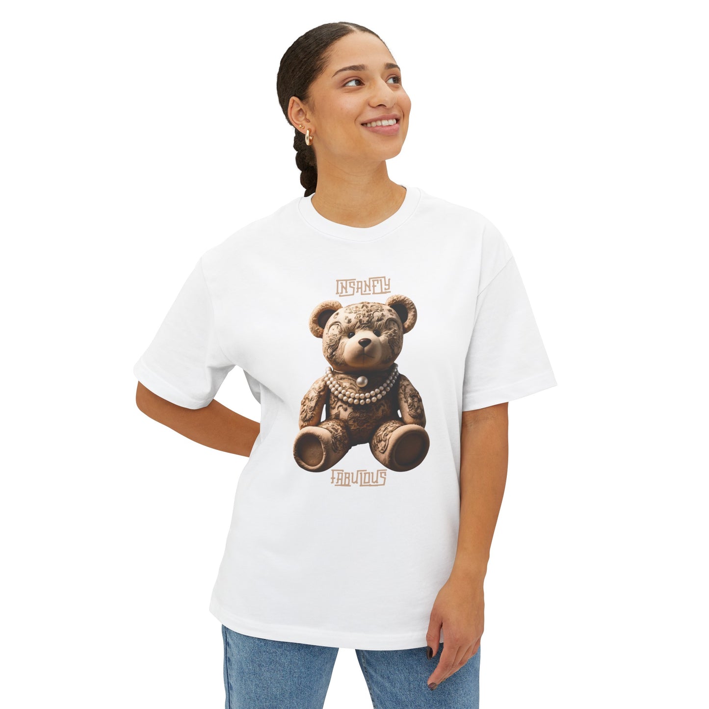 Insanely Fabulous Elegance: Oversized Boxy Tee with Sophisticated Teddy Design